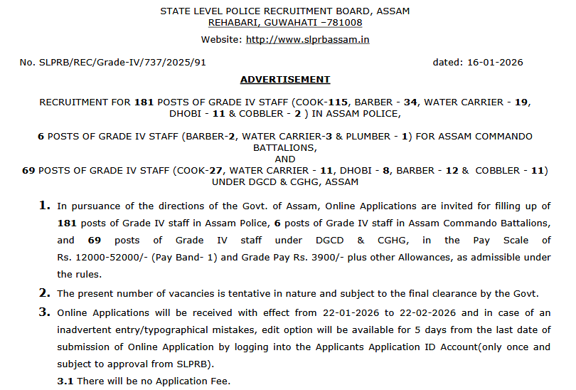 SLPRB Assam Grade 4 Recruitment 2026 for 10th, 12th Pass
