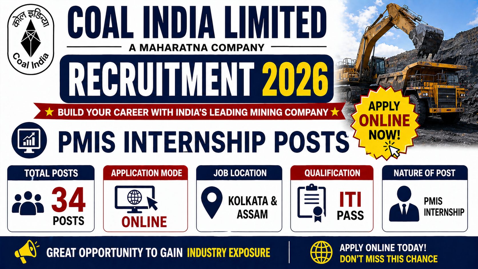 Coal India Limited Recruitment 2026 for 34 PMIS Internship Posts