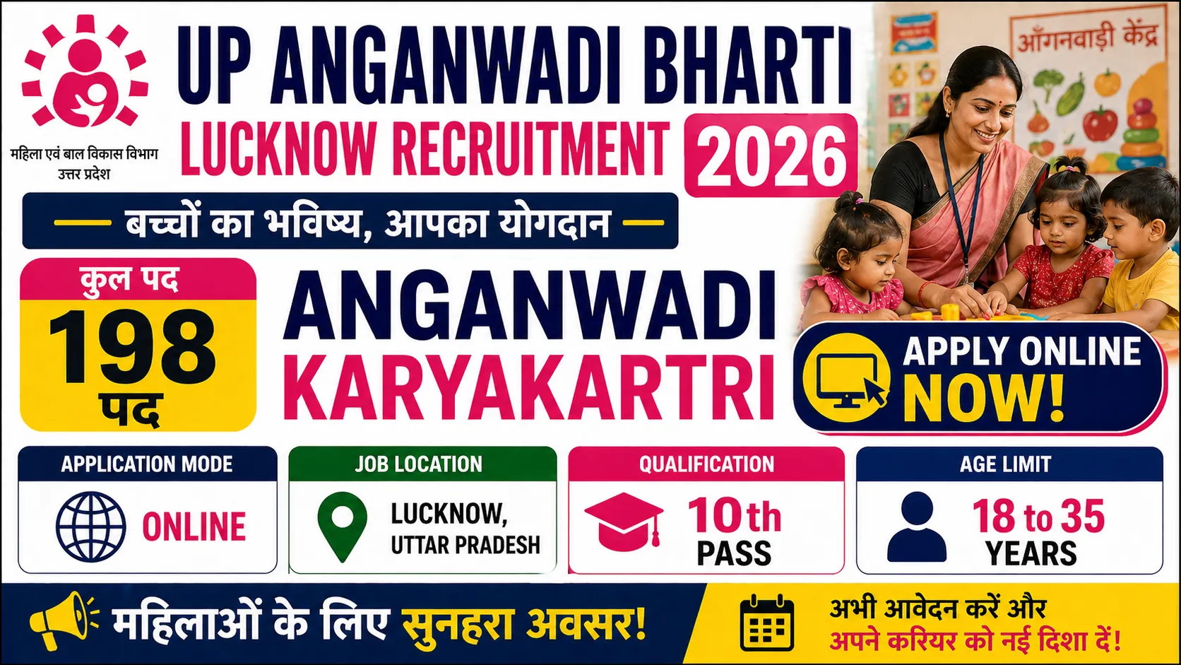 UP Anganwadi Bharti Lucknow Recruitment 2026 for 198 Anganwadi Karyakartri