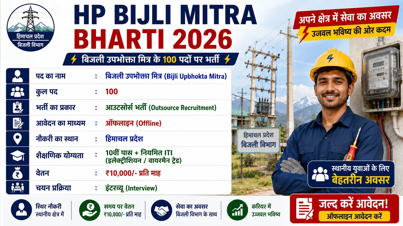 HP Bijli Mitra Bharti 2026 for 10th Pass for 100 Posts