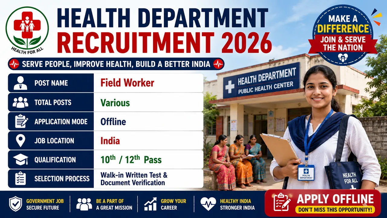 Health Department Recruitment 2026 for 12th Pass Field Worker