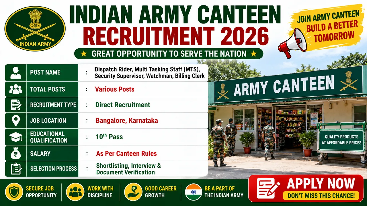 Indian Army Canteen Recruitment 2026 for 10th Pass without Exam