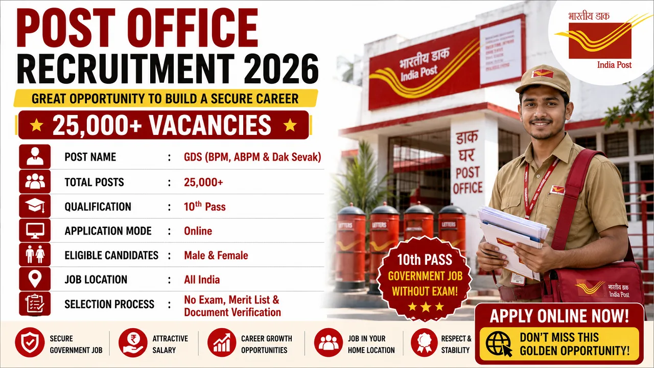 Post Office Recruitment 2026 for 10th Pass for 25000 Posts